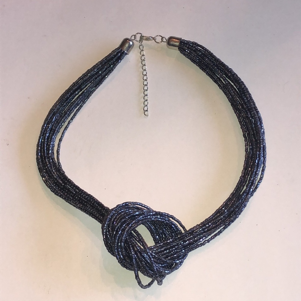Metallic Blue Beaded Knot Statement Necklace